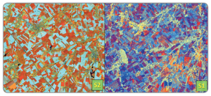 Example of optical and SAR images used for crop type classifications (S2 image acquired on 26 May 2017 – RGB:4, 3, 2, S1 image acquired on 6th of May 2017 - RGB:VH, VV, VH/VV)